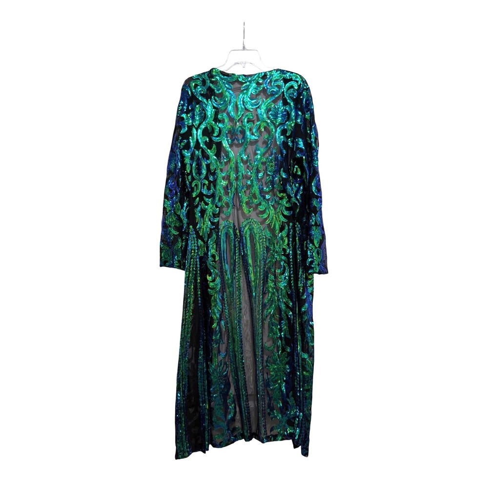 VJJ AIDEAR Womens Sequin Duster Cardigan Green Blue Mesh Longline Jacket Medium